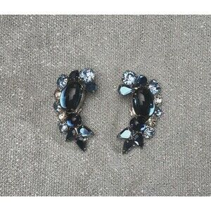 Vintage 50s Blue Rhinestone Earrings 1950s Retro Glam Cocktail Climber Clip Ons